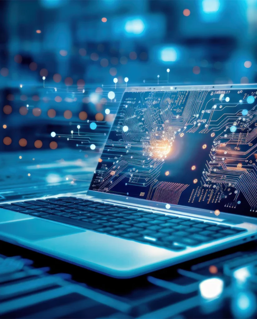 Aufgeklappter Laptop mit digitaler Leiterplatten-Grafik und Lichtpunkten