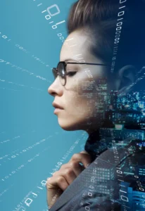 Profilansicht einer Frau mit digitalen Datenströmen und Stadtsilhouette im Hintergrund