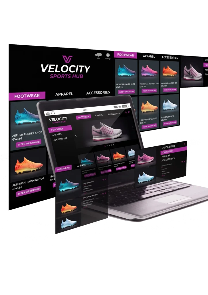Laptop und Tablet mit dem Online-Shop "Velocity Sports Hub" für Sportartikel in den Kategorien Footwear, Apparel und Accessories