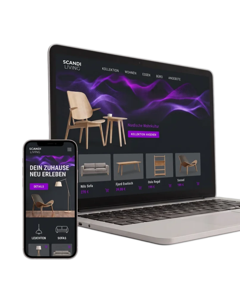 Beispiel-Onlineshop SCANDI LIVING auf Laptop und Smartphone