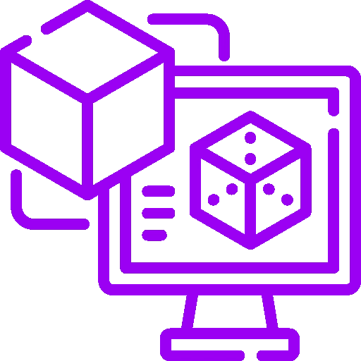 Icon: Digitaler Zwilling mit 3D-Würfel und Bildschirm, Markenfarbe Violett