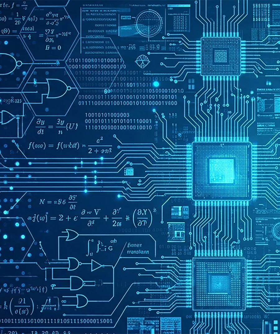 Nahaufnahme eines beleuchteten Mikrochips mit digitalen Schaltkreisen