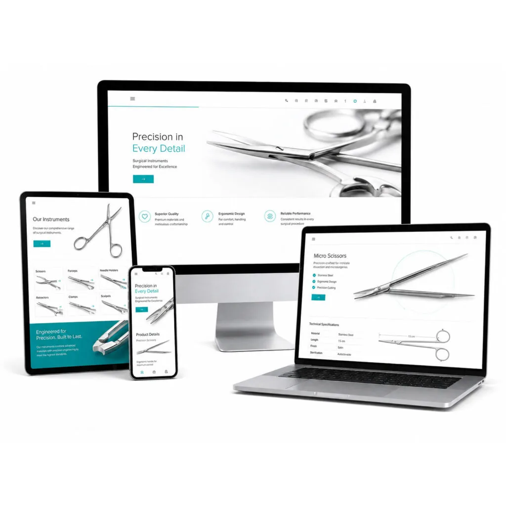 Responsive Website für chirurgische Instrumente auf Desktop, Tablet und Smartphone dargestellt