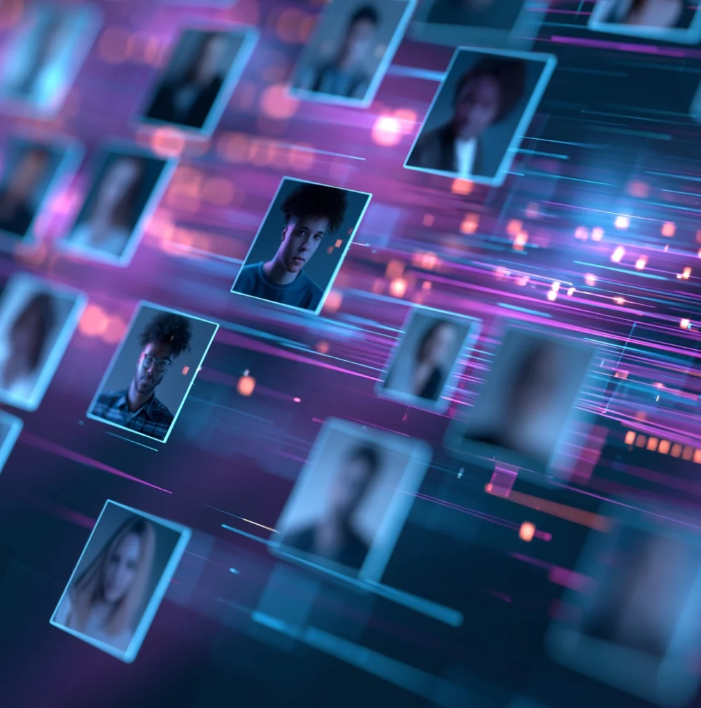 Digital dargestellte Kundenprofile in einem vernetzten Datensystem als Symbol für CRM-Datenpflege